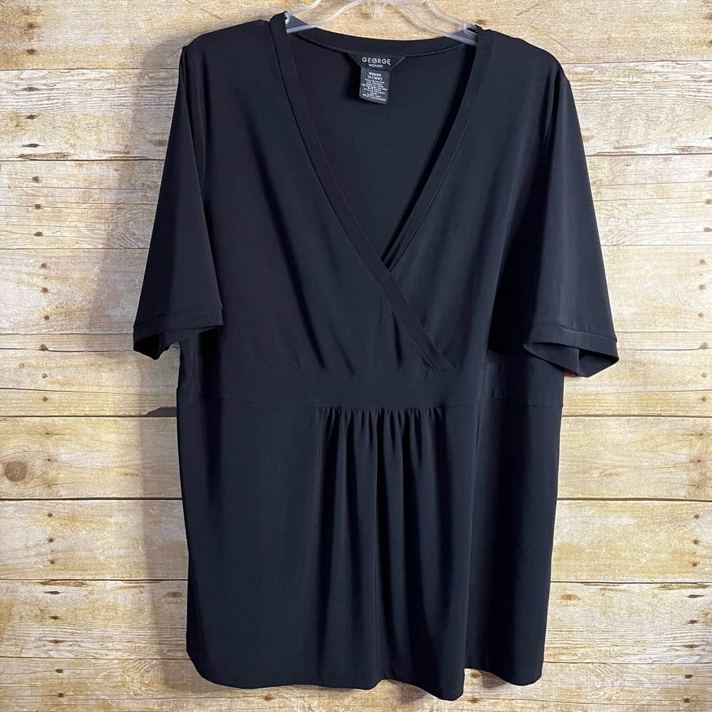 George Women’s Black Surplice Top Pullover Black Empire Waist EUC Size 1X 16W